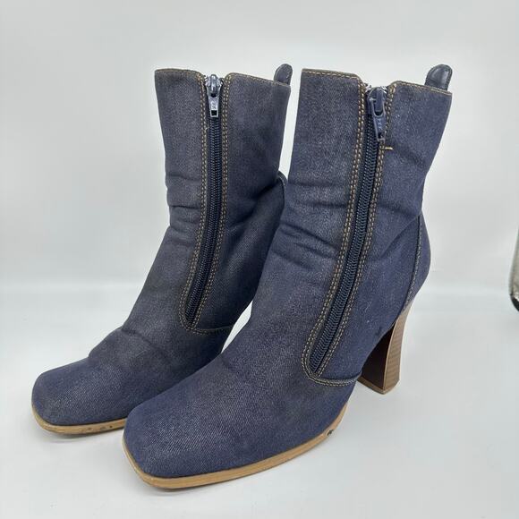 Denim Blue Square Toe Chunky Zipper Booties Womens 6 Y2K Retro - Picture 1 of 15